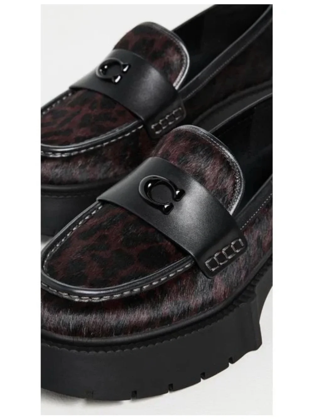 NWT Coach Woman Black Brown Leopard-Print Leather Loafers.